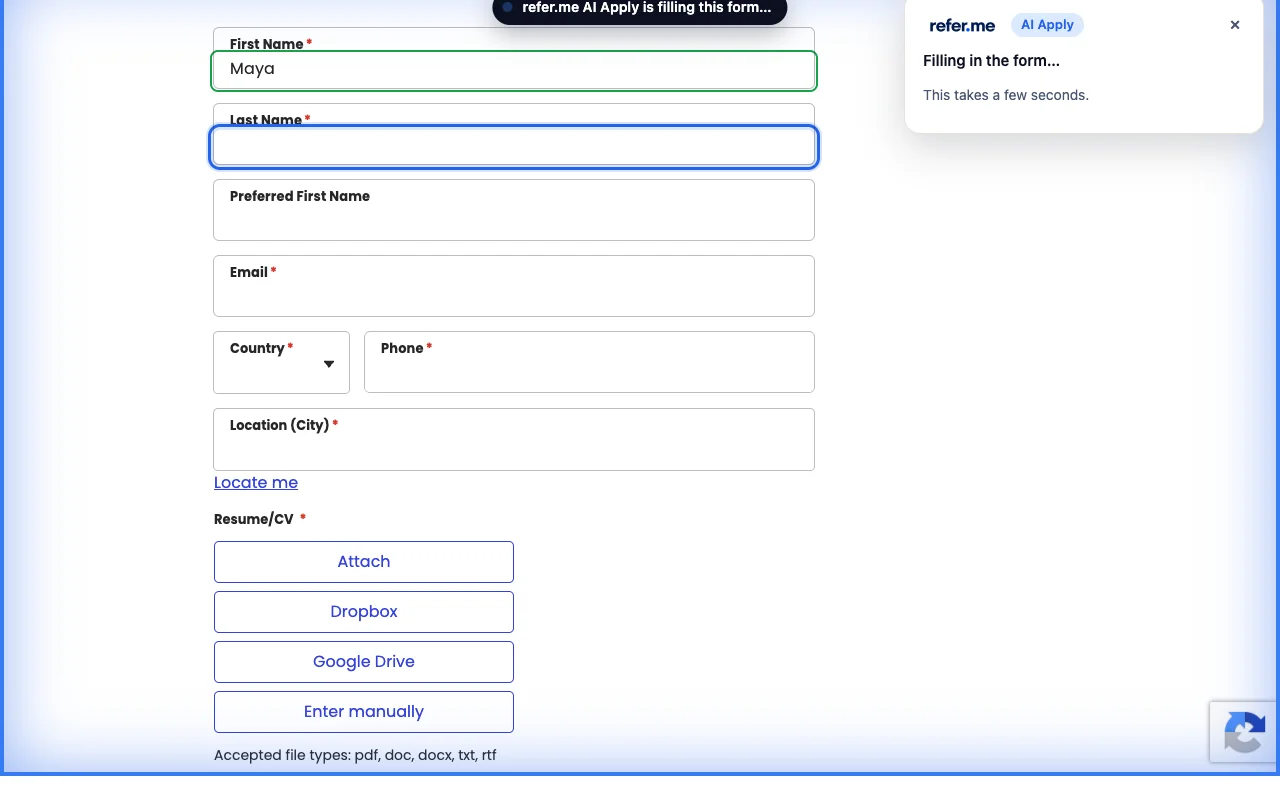 The application form being filled, with the refer.me panel open