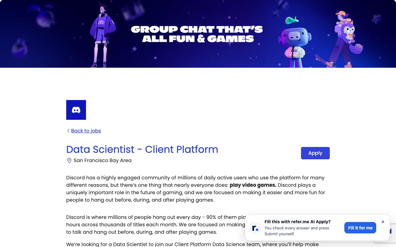 A Greenhouse job page with the refer.me prompt "Fill this with refer.me AI Apply?" in the corner